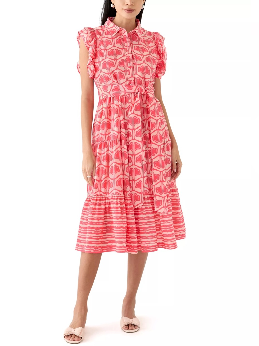 Crown & Ivy Petite Coral Geo Printed Midi Dress Womens Petite Large